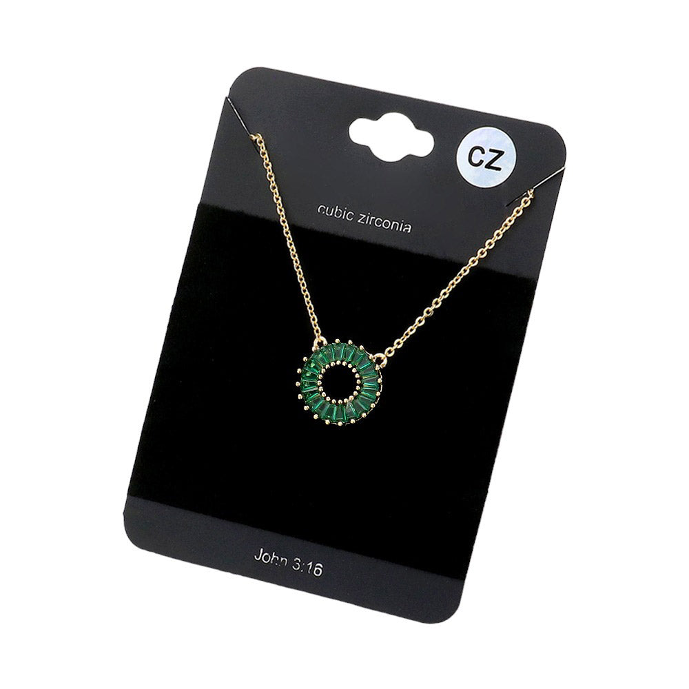 Emerald CZ Embellished Open Circle Pendant Necklace, this stunning CZ Embellished Open Circle Pendant Necklace offers a modern take on classic jewelry. The beautifully crafted design adds a gorgeous glow to any outfit. Perfect Birthday Gift, Anniversary Gift, Mother's Day Gift, and loved ones.