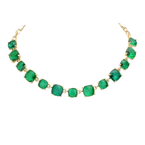 Women's Cushion Square Stone Link Evening Necklace - Emerald