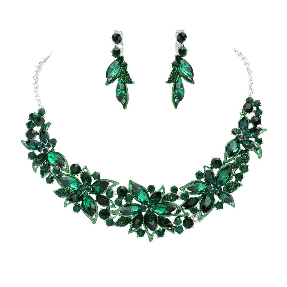 Emerald Flower Stone Cluster Embellished Evening Jewelry Set, is elegant and radiant. It features an eye-catching flower stone cluster that adds a special touch to any evening look. This jewelry set sparkles and shines, making it the perfect accessory for special events or an exquisite gift.