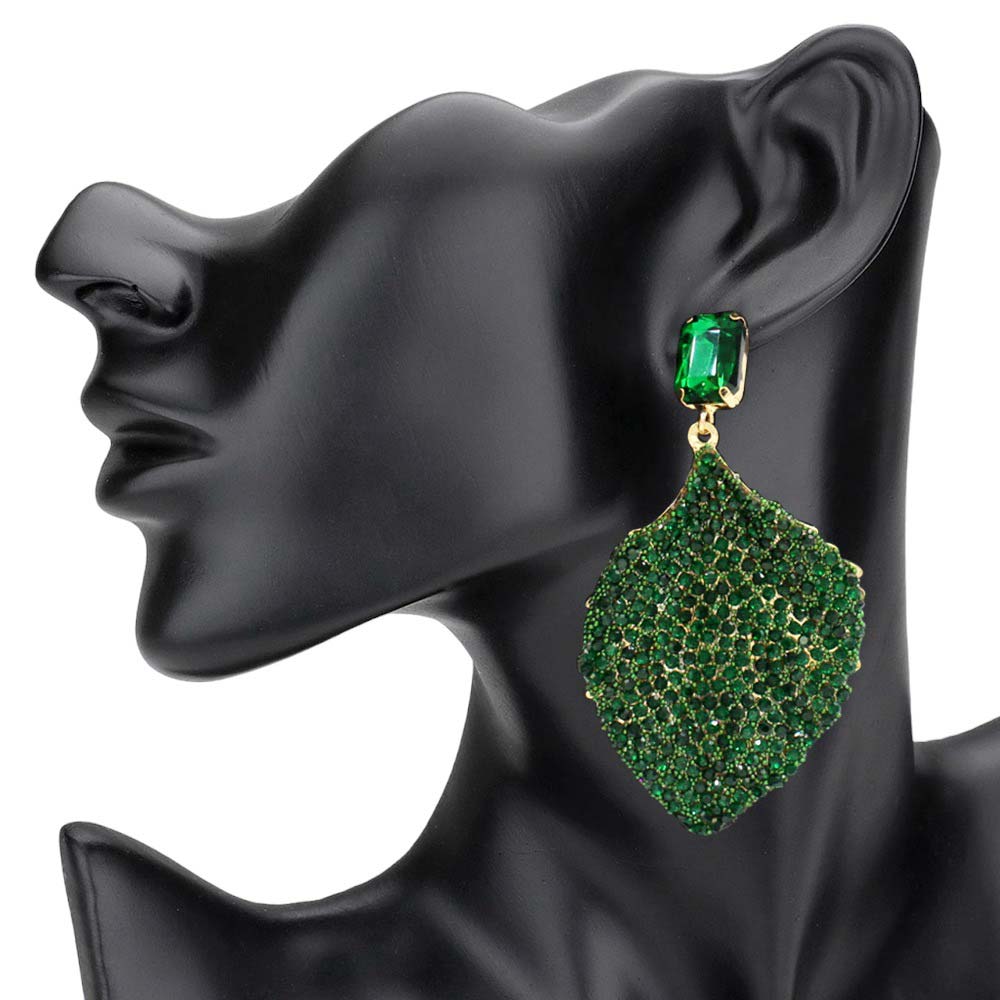 Gold Rhinestone Embellished Leaf Dangle Earrings, are perfect for any special event. The rhinestones are carefully placed to create an elegant design. These earrings are sure to turn heads and make you stand out from the crowd. Perfect gift for fashion-loving family members and friends, young adults, or to gift yourself.