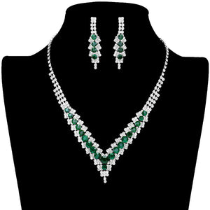 Emerald Silver V-Neck Collar Rhinestone Necklace, Adorn yourself with this eye-catching V-Neck Collar Rhinestone Necklace set. The elegant design features a delicate pattern of rhinestones that adds a touch of sparkle and shine to any outfit. Subtle yet stunning, this jewelry set is perfect for special occasions or everyday wear.
