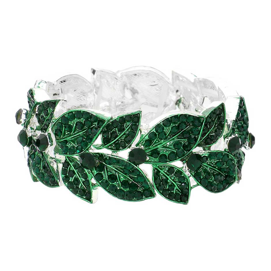Emerald Stone Paved Leaf Linked Stretch Evening Bracelet, Crafted of high-quality stones and metal alloy, this unique bracelet features intricately linked leaves, connected with a stretchable band to provide a secure fit. Accessorize your special occasion wear with this stunning design for an eye-catching look.