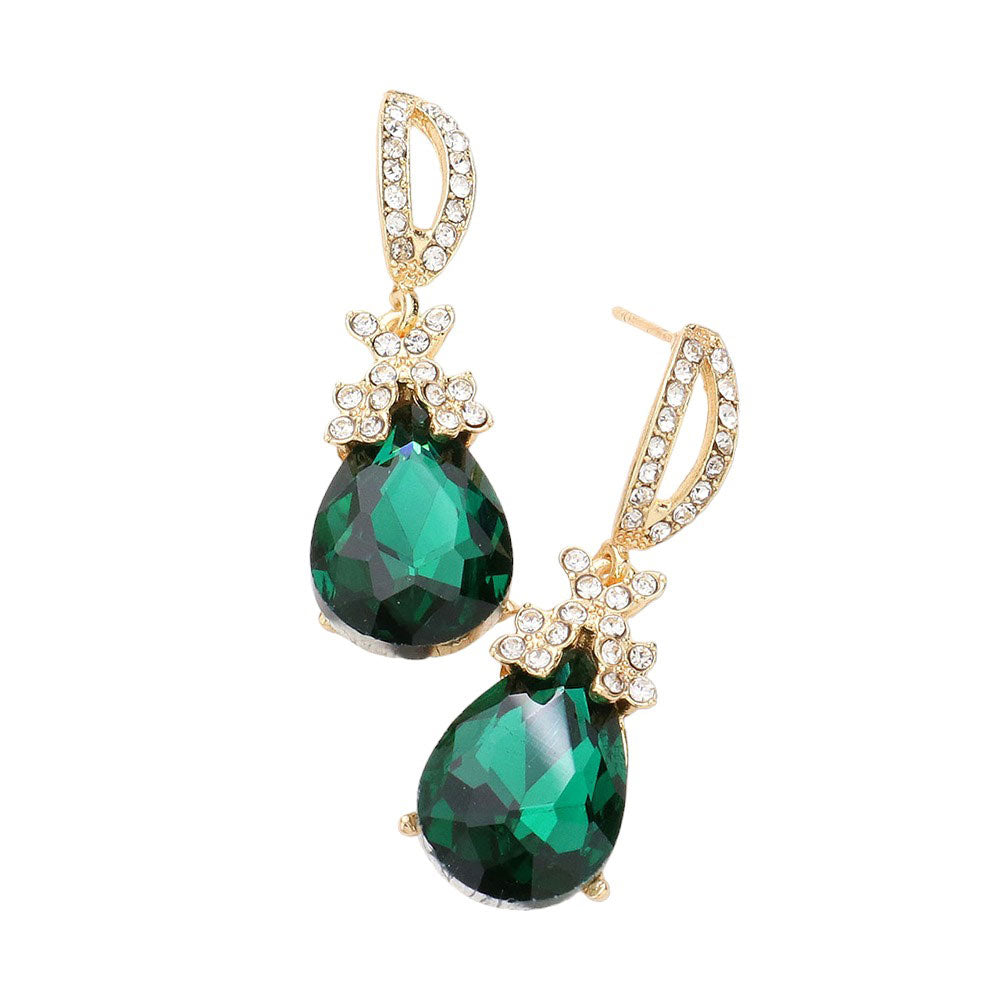 Emerald Teardrop Crystal Rhinestone Evening Earrings, are the perfect accessory for any special occasion. Each earring features a teardrop-shaped crystal encrusted in rhinestones for a glamorous sparkle and shine. High-quality stones are set securely in the design. A timeless gift piece that will sparkle for years.