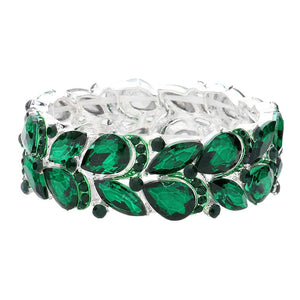 Emerald Teardrop Stone Cluster Embellished Stretch Evening Bracelet is an eye-catching accessory. It features teardrop-shaped embellishments and sparkly stones clustered together to create a glamorous and sophisticated finish. The stretch fit makes it comfortable to wear for any special occasion or making an exclusive gift. 