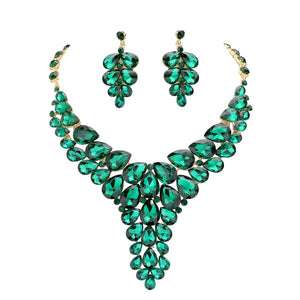 Emerald Teardrop Stone Cluster Vine Evening Necklace Earring Set, designed to accent the neckline, oversized crystal dangle earrings, which are a perfect way to add sparkle to special occasions. A perfect gift for Birthday, Anniversary, Valentine's Day, Christmas, Navidad, Cumpleanos, Prom, Bridal, Quinceanera, Sweet 16, etc.