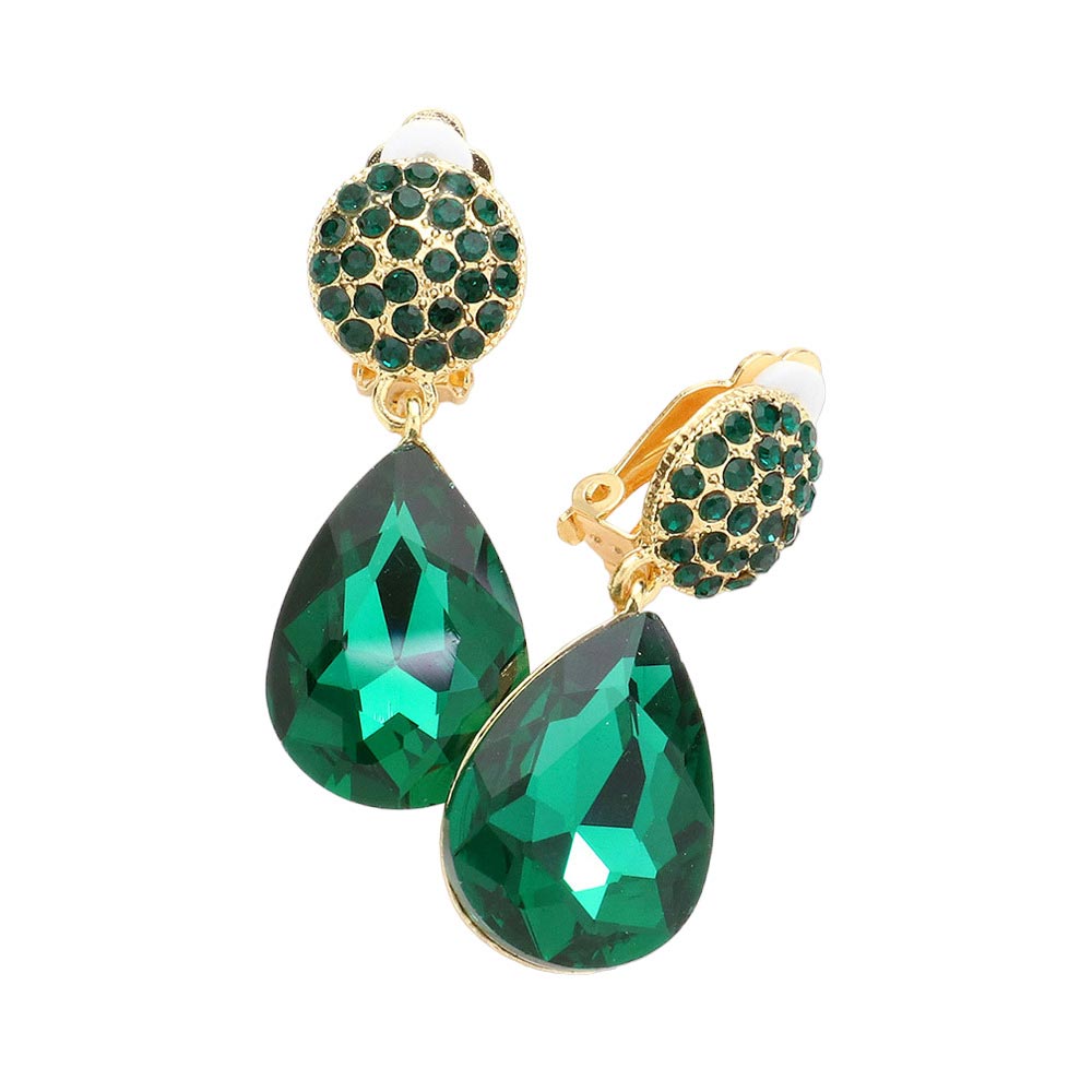 Emerald Teardrop Stone Dangle Evening Clip On Earrings, bring shimmer and sophistication to any look. These earrings are sure to eye-catching element to any outfit. These classy evening earrings are perfect for parties, weddings, and evenings. Awesome gift for birthdays, anniversaries, Valentine’s Day, or any occasion.