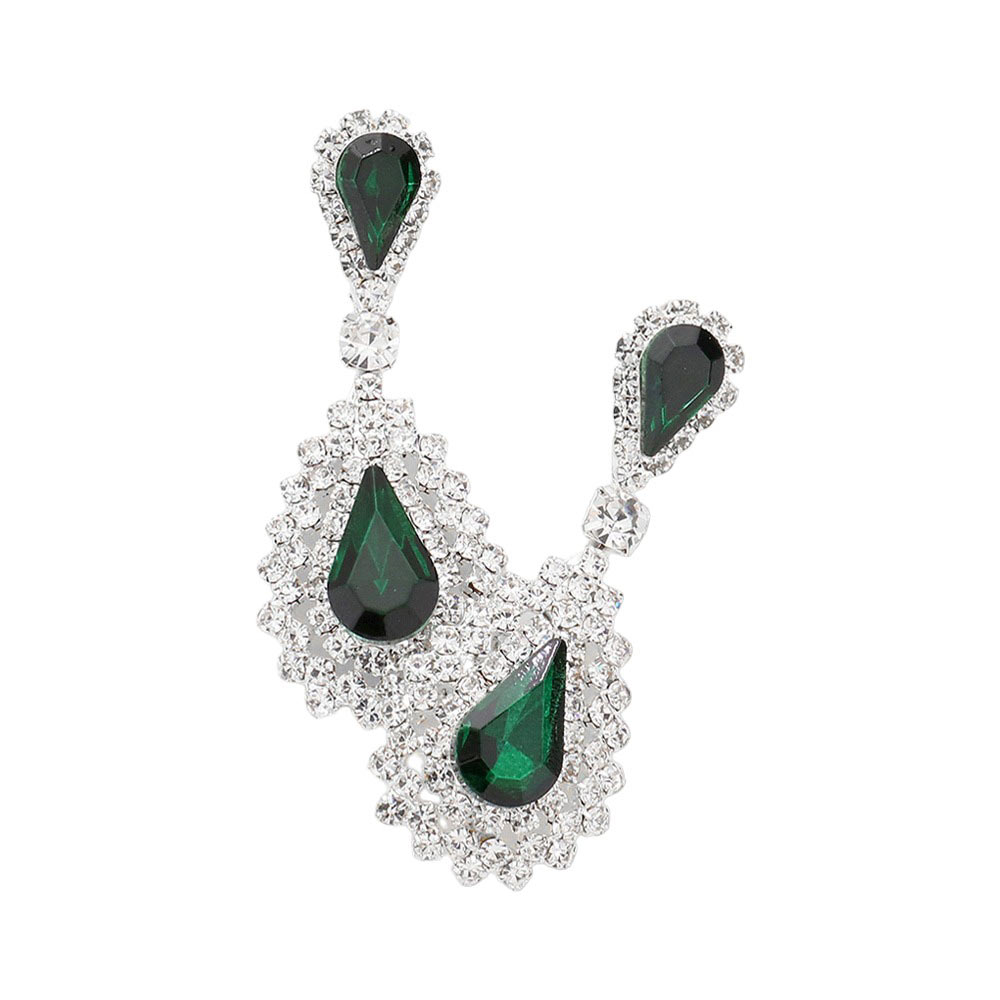 Emerald Teardrop Stone Dangle Evening Earrings, Make an elegant statement with these stunning pieces. Crafted with an intricate pattern, these earrings feature a teardrop-shaped stone in the center, suspended from a narrow hoop and finished with dangle details. Perfect for special occasions or making timeless gifts!