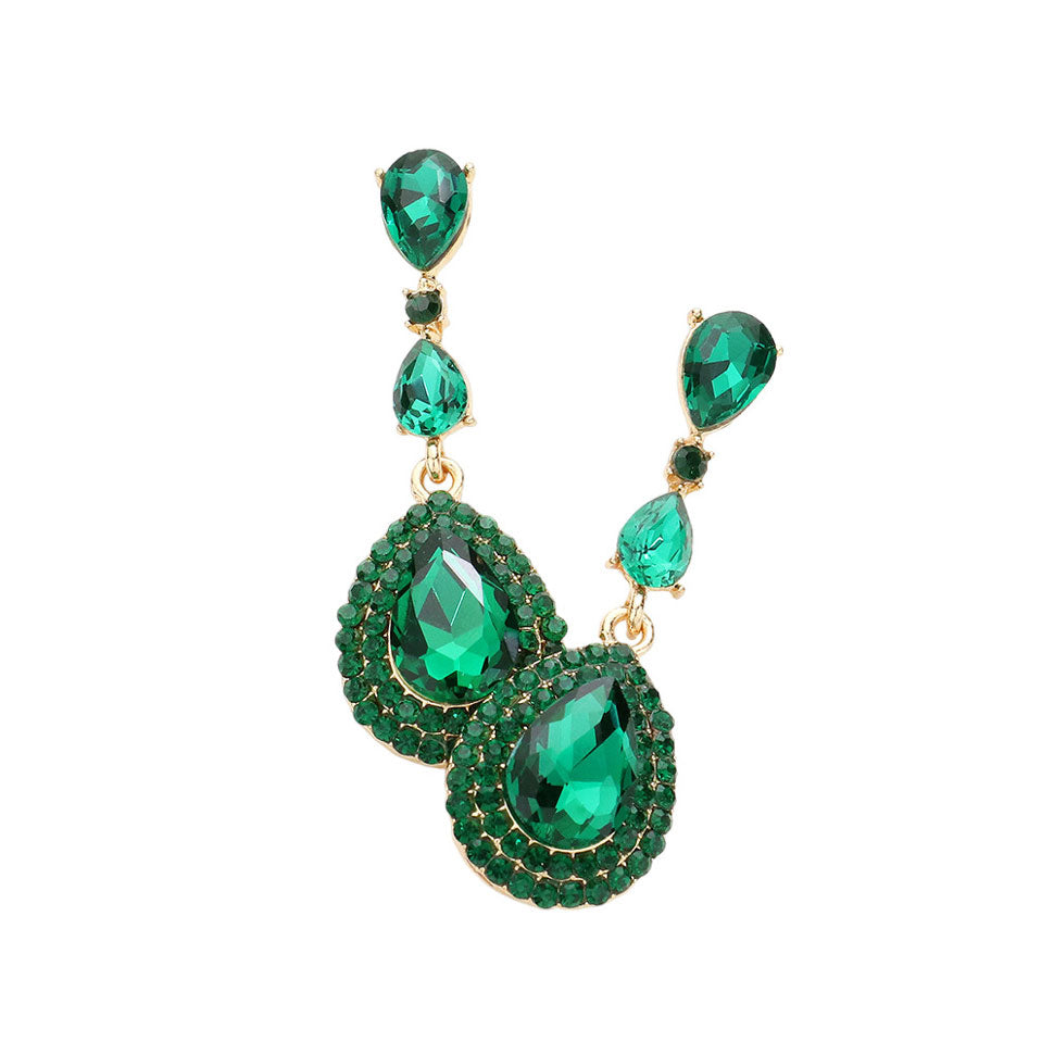 Emerald Triple Teardrop Stone Link Dangle Evening Earrings, these fine evening earrings supply classic sophistication and beautiful detail with their triple teardrop stone link dangle design. These earrings are sure to eye-catching element to any outfit. Awesome gift for birthdays, anniversaries, wives, friends, and mothers.