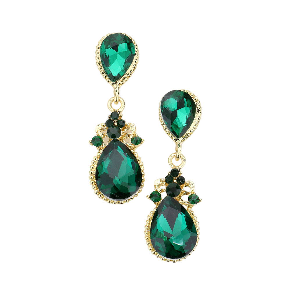 Emerald Victorian Teardrop Crystal Rhinestone Evening Earrings. Elevate your evening elegance with these Earrings. Crafted with exquisite detail, these timeless accessories sparkle with vintage charm. Perfect for adding a touch of sophistication to any special occasion outfit.