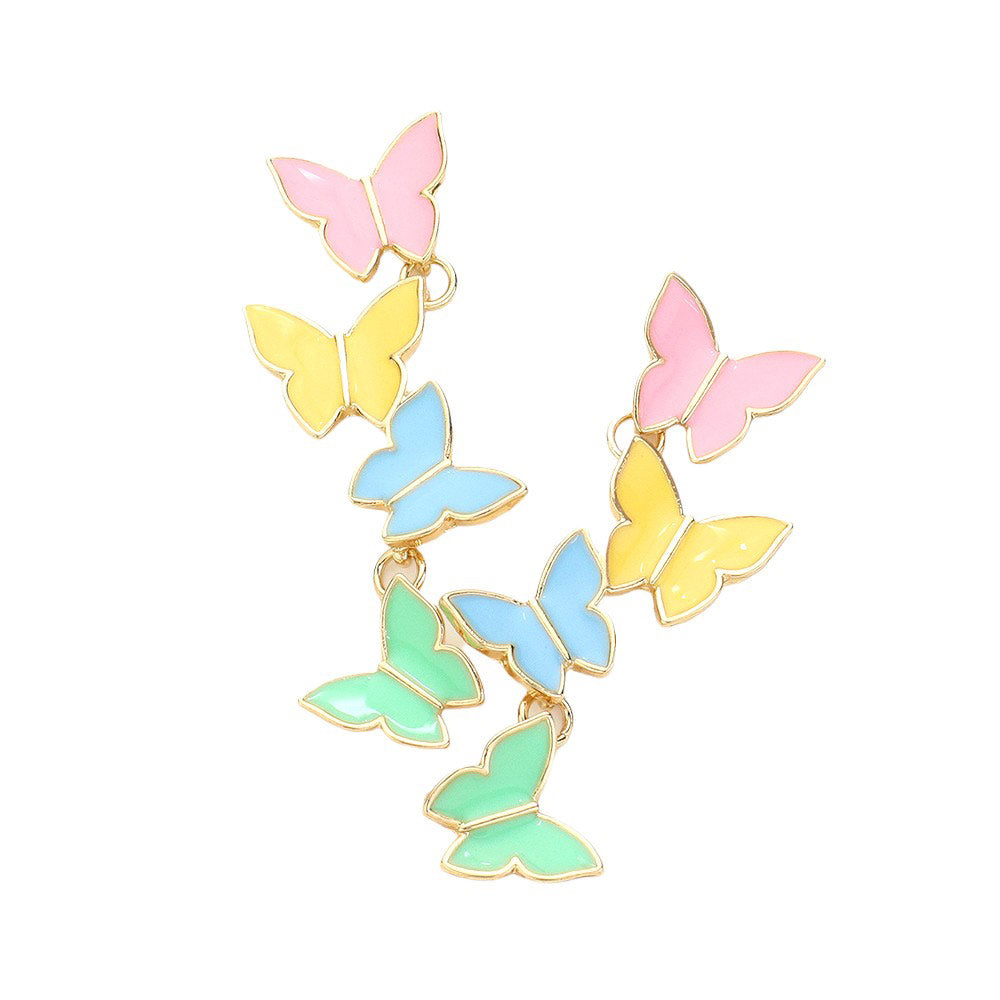 Enamel Butterfly Link Dropdown Earrings are expertly crafted with delicate butterfly links and a drop design. Made from high-quality enamel, these earrings add a touch of elegance and sophistication to any outfit. Perfect for any occasion, these earrings are sure to make a statement and elevate your style.