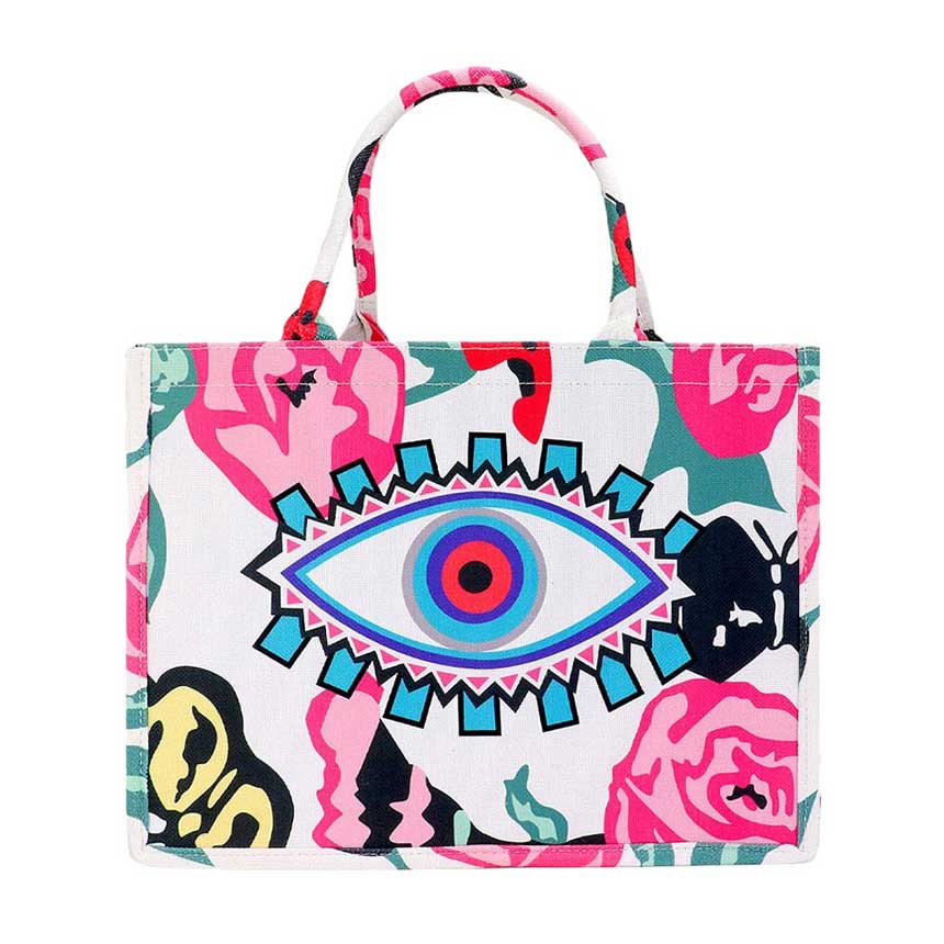 Evil Eye Flower Butterfly Printed Tote Bag, Featuring an intricate design of evil eyes, flowers, and butterflies, this durable tote bag is perfect for carrying your essentials while making a stylish statement. The eye-catching print is sure to turn heads and add a playful touch to any outfit.