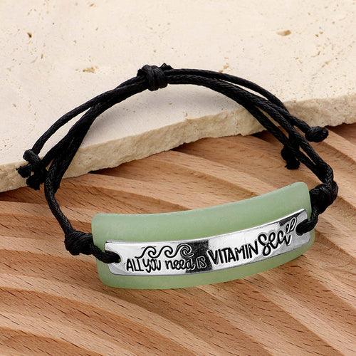 ALL you need is VITAMIN... Sea Glass Message Adjustable Cinch Pull Tie Cinch Bracelet - Black
