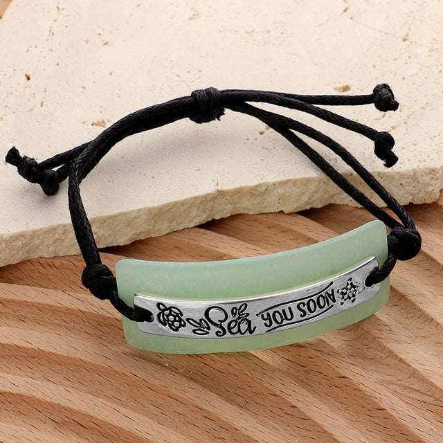 Madeline Love Black Sea you SOON Sea Glass Message Adjustable Pull Tie Cinch Bracelet - Bracelets