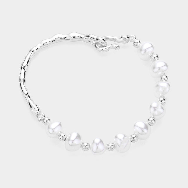 Madeline Love Cream, Rhodium Pearl Station Pointed Hammered Metal Bracelet - Bracelets
