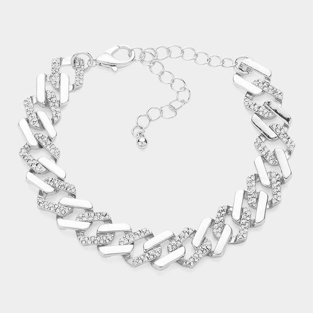 Madeline Love Clear, Rhodium Silver Dipped Chunky Rhinestone Paved Chain Bracelet