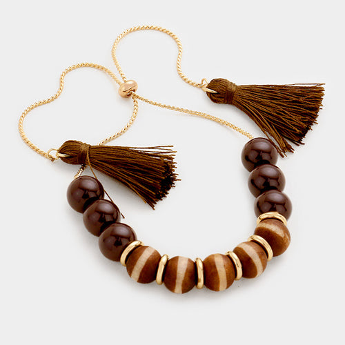 Beaded Double Tassel Adjustable Pull Tie Bracelet - Brown, Gold