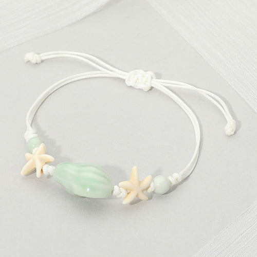 Women's Ceramic Conch Shell Starfish Beaded Adjustable Cinch Pull Tie Bracelet - Mint