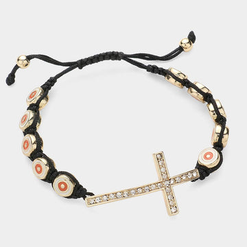 Madeline Love Gold, Orange Rhinestone Paved Cross Pointed Cinch Pull Tie Bracelet - Bracelets