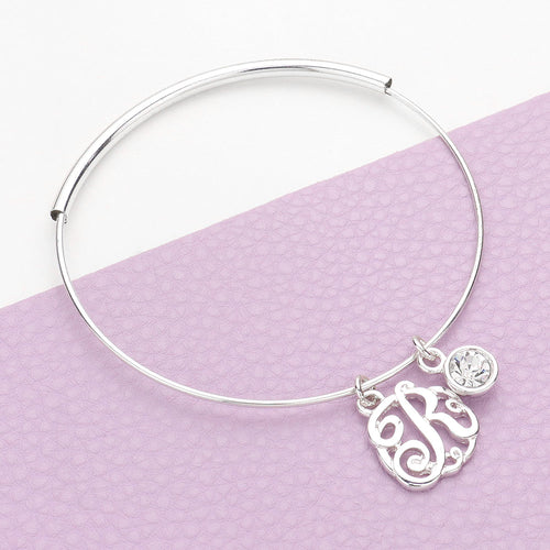 -R- Initial Monogram Bangle Bracelet - Silver