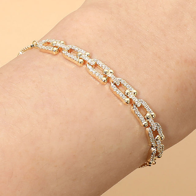 Madeline Love Clear, Gold 18K Gold Dipped Stone Pave Link Adjustable Cinch Pull Tie Bracelet