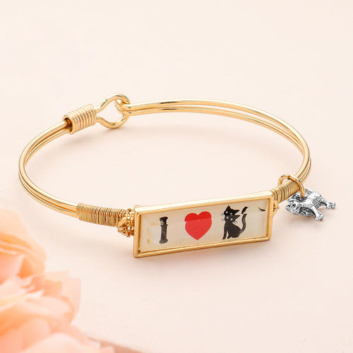 I Love Cat Charm Message Hook Bracelet - Antique Silver