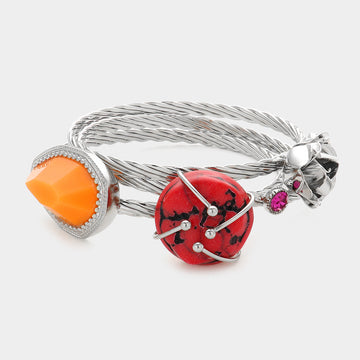 Madeline Love Coral Natural Stone Metal Flower Bangle Bracelet - Bracelets