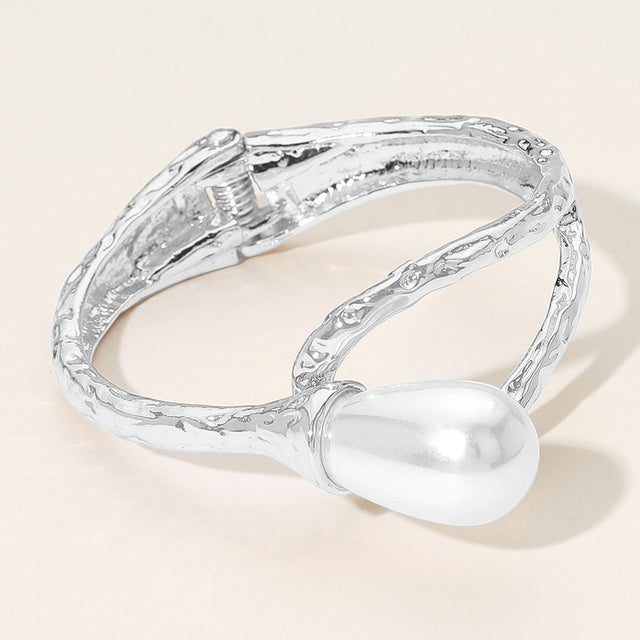 Madeline Love Rhodium, White Pearl Accent Hammered Metal Hinged Bangle Bracelet - Bracelets
