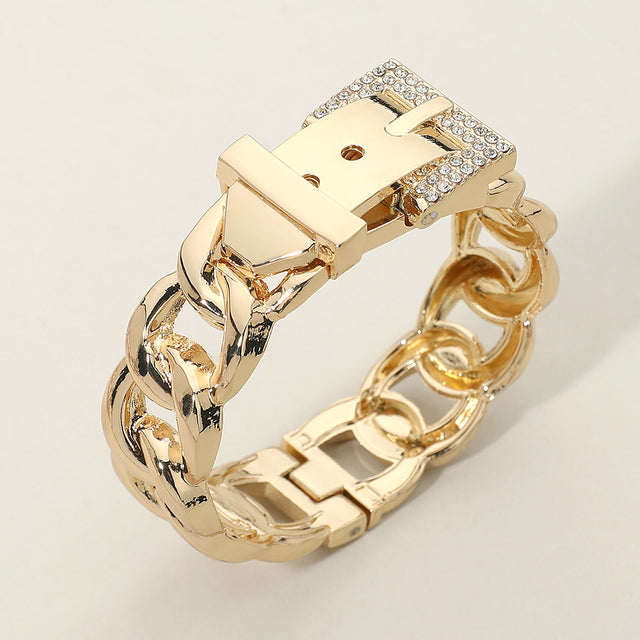 Madeline Love Gold Rhinestone Pave Buckle Accent Chunky Chain Hinged Bangle Bracelet