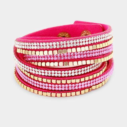 Crystal & metal studded faux suede bracelet - Fuchsia, Clear, Pink