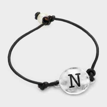 Madeline Love ~N~, Black, Silver -N- Initial Monogram Metal Disc Pearl Pointed Bracelet - Bracelets