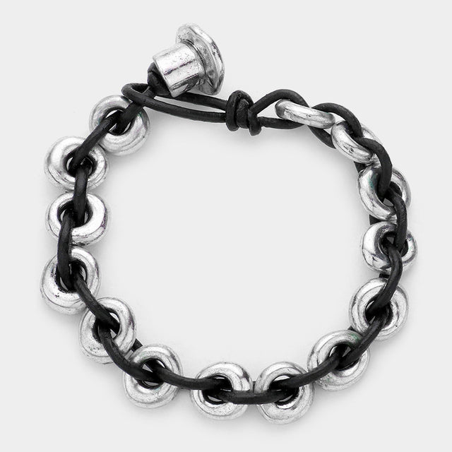Madeline Love Silver Burnished Metal hoops & leather bracelet - Bracelets