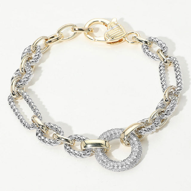 Madeline Love Two Tone 14K Gold Plated CZ Stone Paved Ring Link Two Tone Bracelet