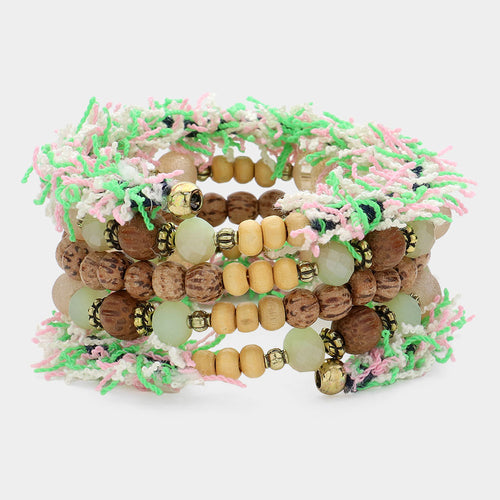 Wooden Bead Thread Coil Bracelet - Gold Burnished, Mint
