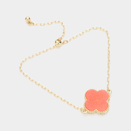 Quatrefoil Druzy Adjustable Pull Tie Bracelet - Coral, Neon