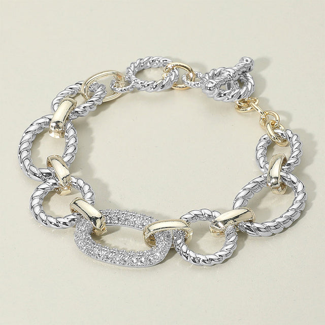Madeline Love Two Tone 14K Gold Plated CZ Stone Paved Link Accent Two Tone Chunky Chain Link Bracelet
