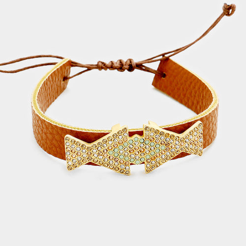 Leather Pave Crystal Rhinestone Adjustable Cinch Pull Tie Bracelet - Matte gold, Lt Col Topaz, Clear, Brown, Mint