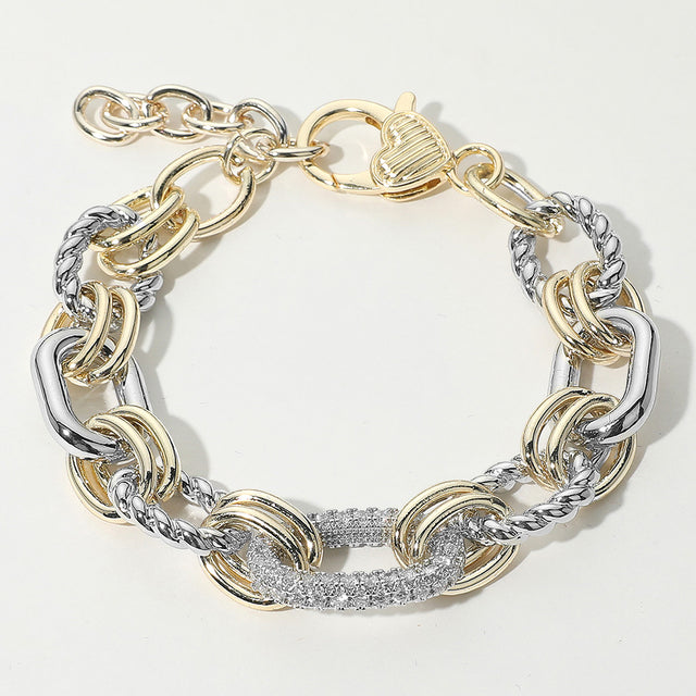 Madeline Love Two Tone 14K Gold Plated Two Tone CZ Stone Paved Oval Link Accent Mixed Chain Bracelet