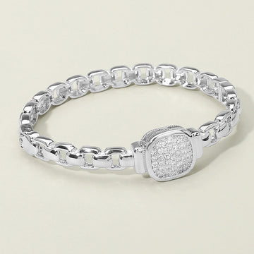 Madeline Love Rhodium CZ Stone Paved Square Center Accent Hinged Bangle Bracelet - Bracelets
