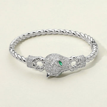 Madeline Love Rhodium 14K Gold Plated CZ Stone Paved Leopard Panther Head Accent Hinged Bangle Bracelet - Bracelets