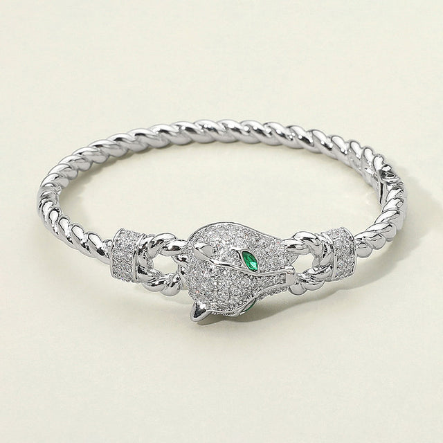 Madeline Love Rhodium 14K Gold Plated CZ Stone Paved Leopard Panther Head Accent Hinged Bangle Bracelet - Bracelets