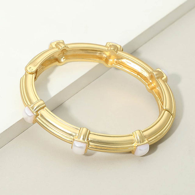 Madeline Love Cream, Matte gold Square Pearl Accent Hinged Bangle Bracelet