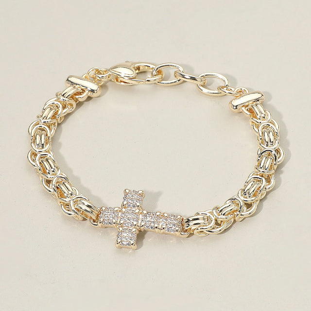 Madeline Love Gold 14K Gold Plated CZ Stone Paved Cross Accent Abstract Chain Bracelet