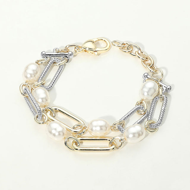 Madeline Love Two Tone 14K Gold Plated Two Tone Mixed Chain Pearl Link Layered Bracelet