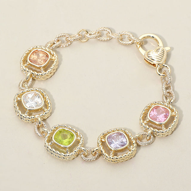 Madeline Love Gold, Light, Multi 14K Gold Plated Multi Color Square CZ Stone Cushion Link Bracelet