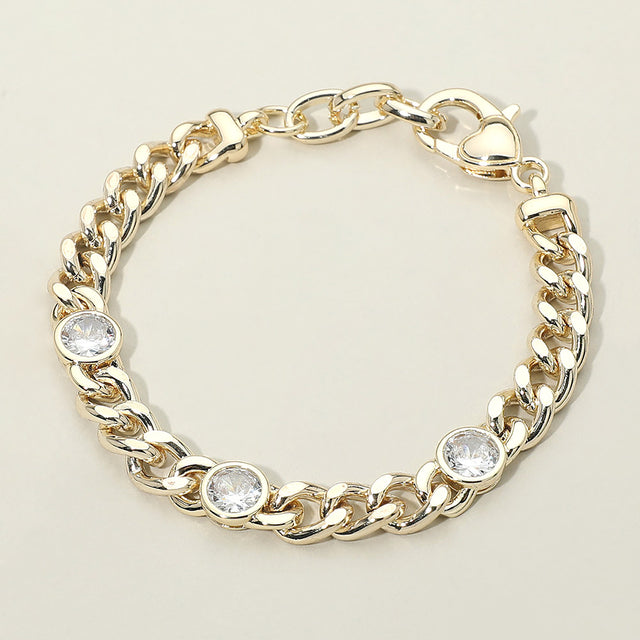 Madeline Love Clear, Gold 14K Gold Plated Round CZ Bezel Station Chunky Curb Chain Bracelet