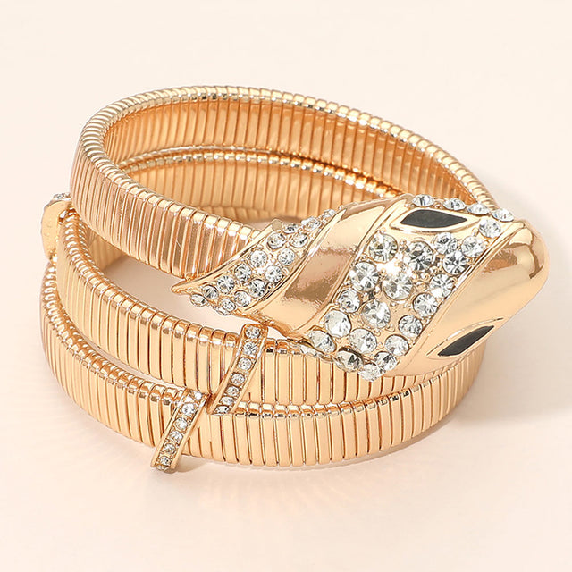 Madeline Love Gold Bold Rhinestone Embellished Snake Head Accent Ribbed Wrap Adjustable Bracelet
