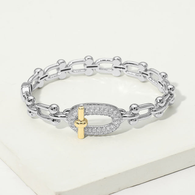Madeline Love Two Tone 14K Gold Plated Two Tone CZ Pavel Oval Accent Industrial Link Hinged Bangle Bracelet - Bracelets