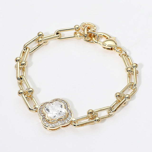 Madeline Love Gold 14K Gold Plated Quatrefoil CZ Charm Accent Industrial Link Bracelet