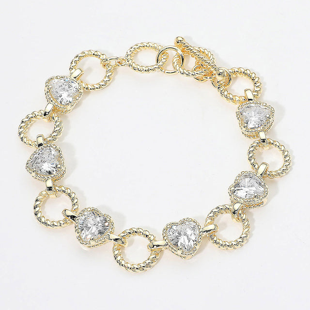 Madeline Love Gold 14K Gold Plated CZ Heart Charm Link Toggle Bracelet