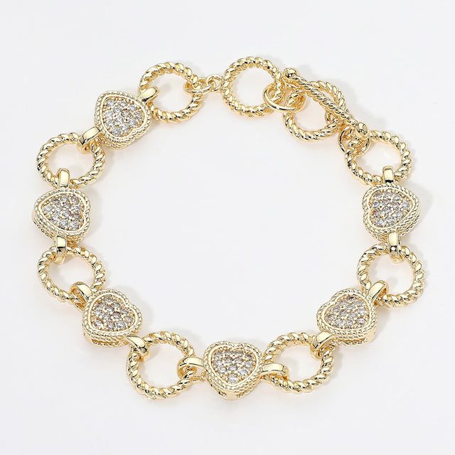 Madeline Love Gold 14K Gold Plated CZ Heart Charm Link Toggle Bracelet